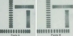 Figure 1. Correct solder selection is essential. Two SAC alloy solder pastes were reflowed at 180&deg;C. Paste B has better hot slump properties than Paste A, and is therefore less likely to cause solder bridges, solder balls or mid-chip balling